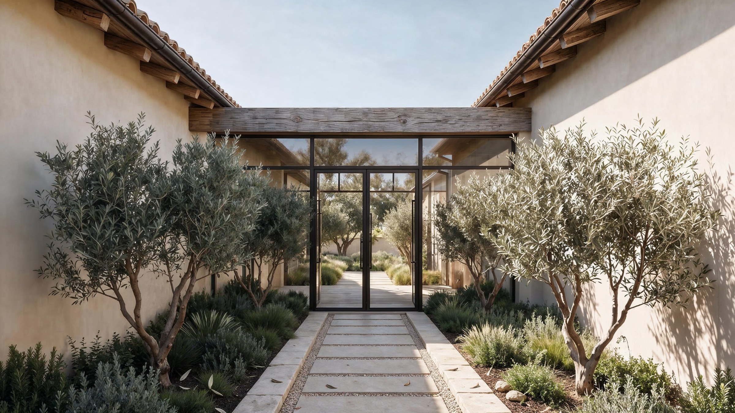 Olive grove entrance to Encino Residence